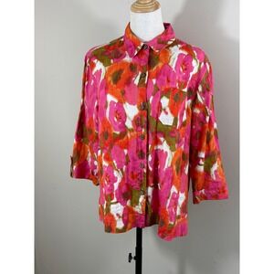 Jones New York Sport Petite 100% Linen Floral Button Shirt Women's PXL Pink